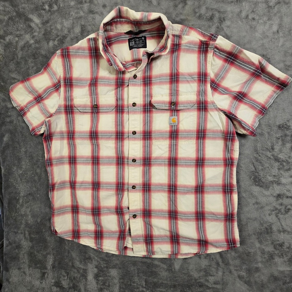 Carhartt Shirt Men's XL Buffalo Plaid Red White‎ Button Down SS Work Loose Fit